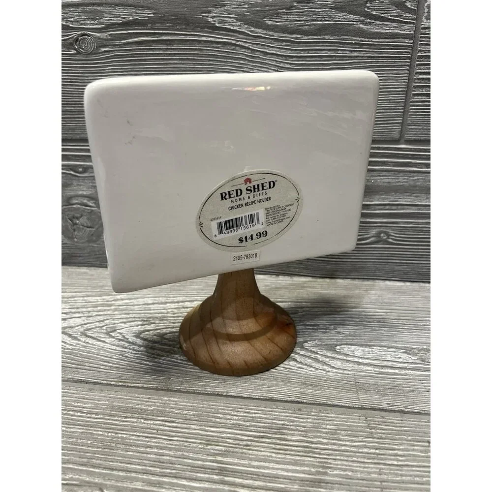 Ceramic Chickens Recipe Card Holder Wooden Pedestal Stand Red Shed - Picture 2 of 8